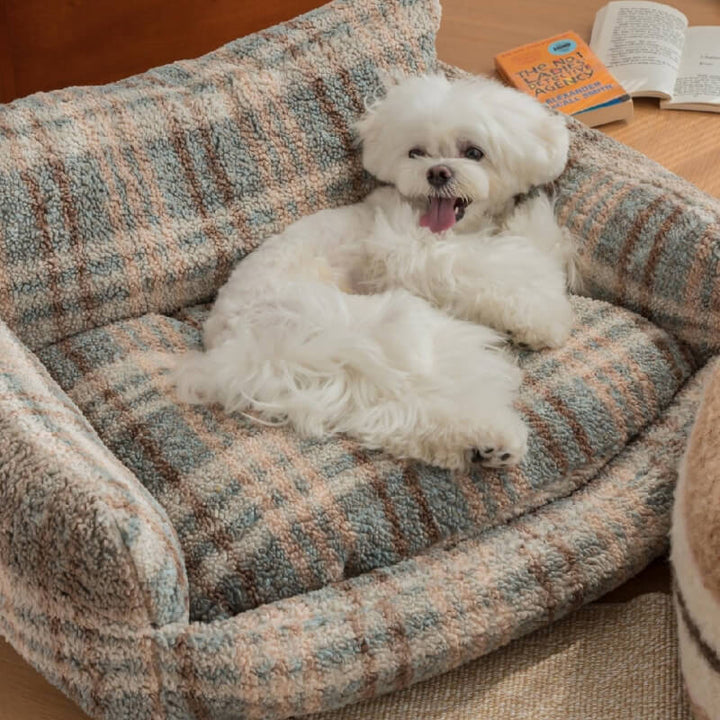 Modern pet furniture, plush cozy sofa bed in a neutral grey, fits any home decor.