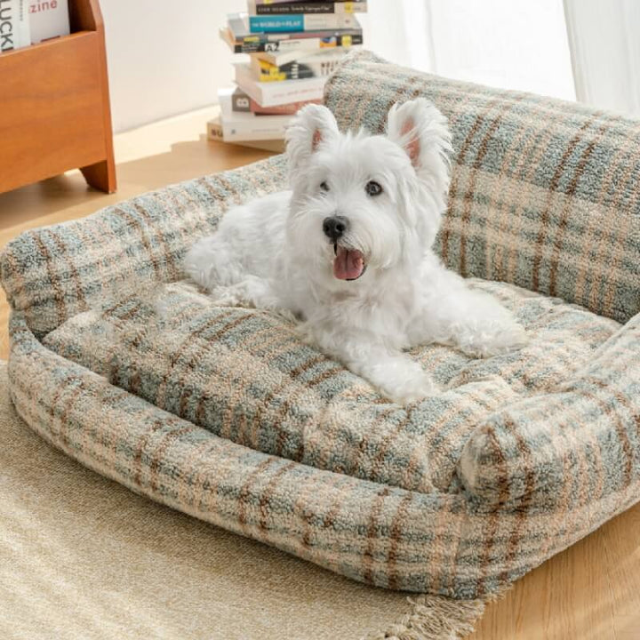 Snuggle-ready pet bed, plush grey sofa design, perfect for colder seasons.