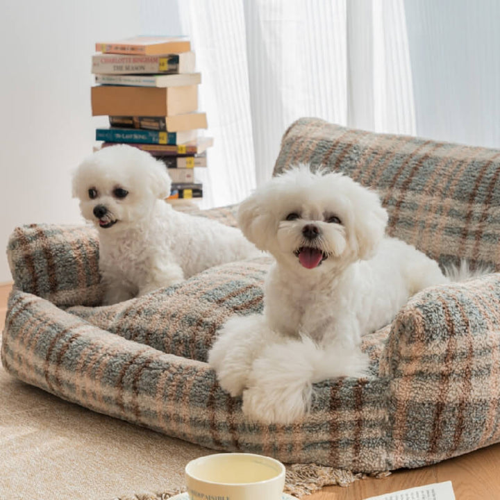 Washable dog bed, plush grey sofa style, perfect for small to medium pets.