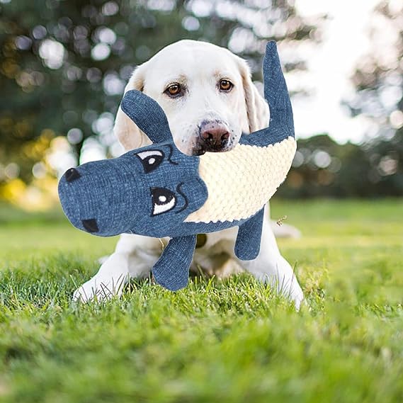 Green plush crocodile dog toy with squeaker, an interactive and durable chew toy for pets