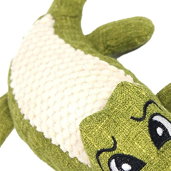 Close-up of a smiling plush crocodile dog toy, a fun squeaker and chew toy for pets