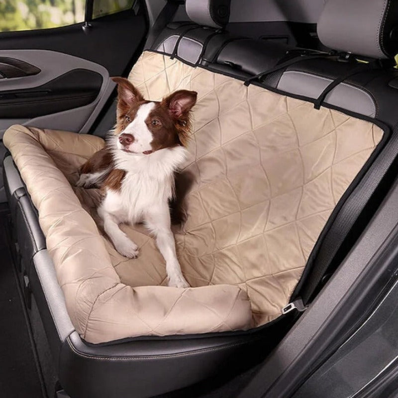 Beige dog car bed protector for back seat, offering comfort for pets and easy clean convenience.