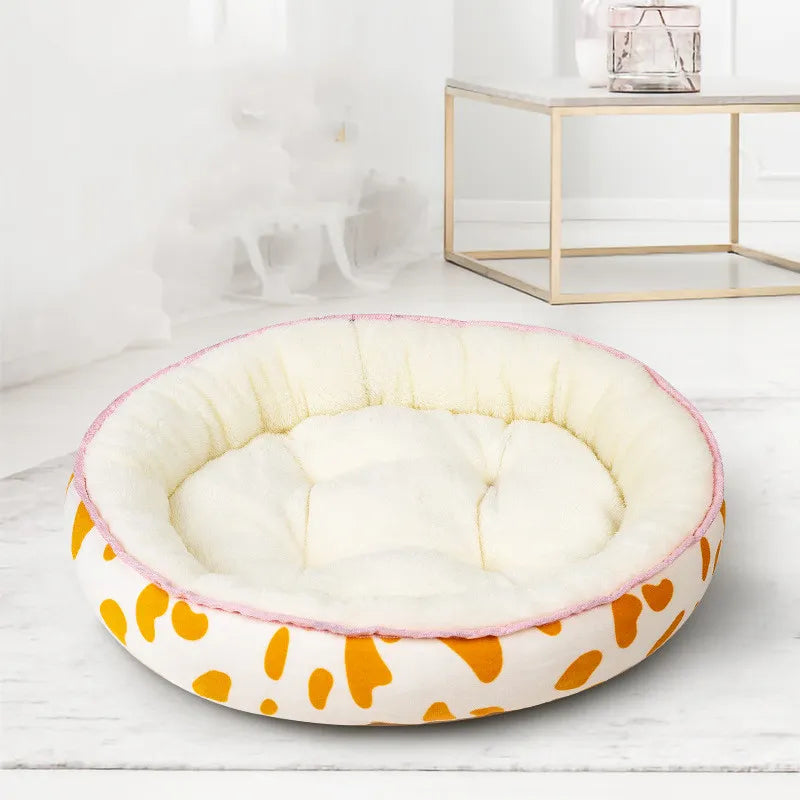 Dog sleeping bed, plush material with stylish polka dots, non-slip base for pet safety
