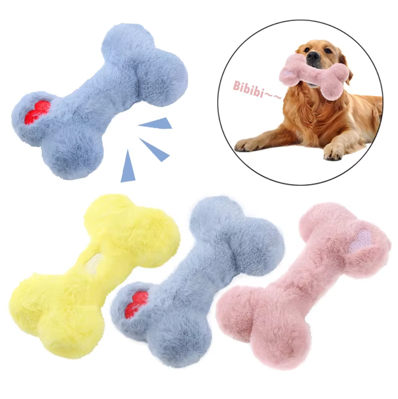 Plush dog bone squeaker toy for gentle chewing, soft fabric, ideal for puppies and small dogs