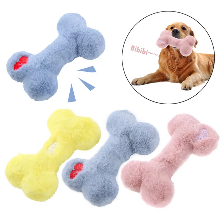 Plush dog bone squeaker toy for gentle chewing, soft fabric, ideal for puppies and small dogs