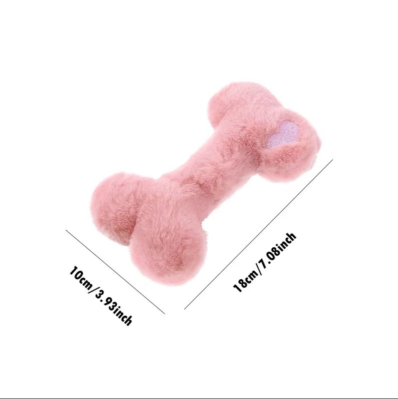 White stuffed animal bone dog toy with squeaker, designed for pet care and gentle chewing fun