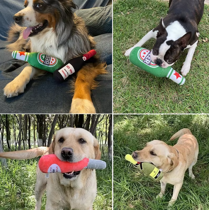 Plush dog bottle toy for teething puppies & playful dogs, soft squeaky chew.