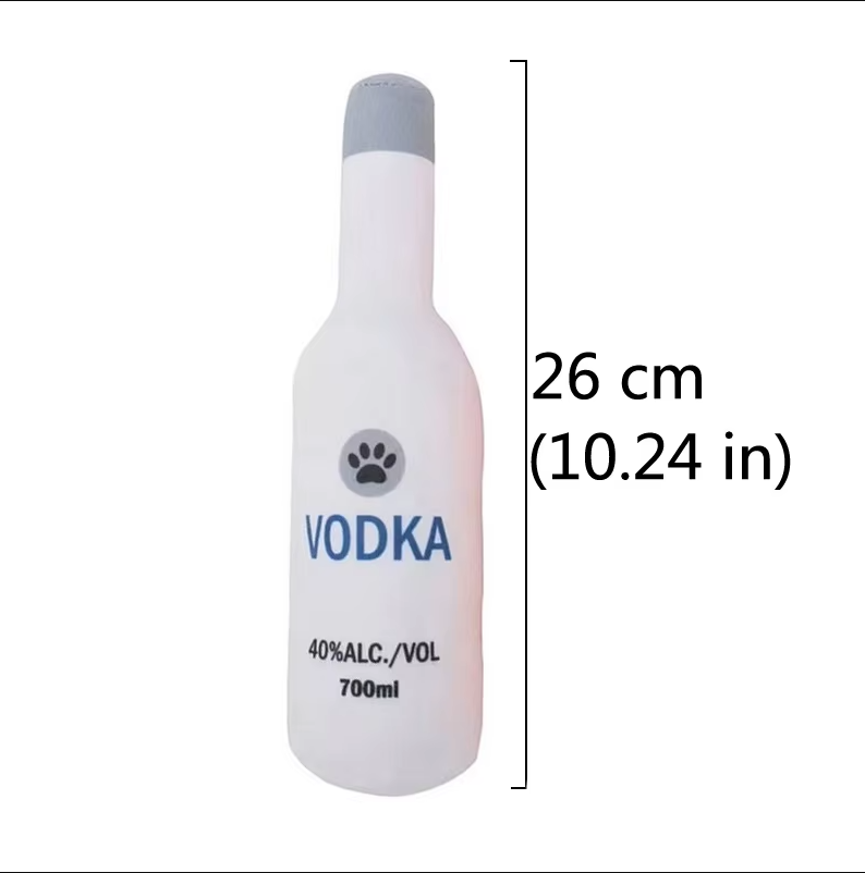 Interactive plush dog toy shaped like a bottle, perfect for chewing and fun.