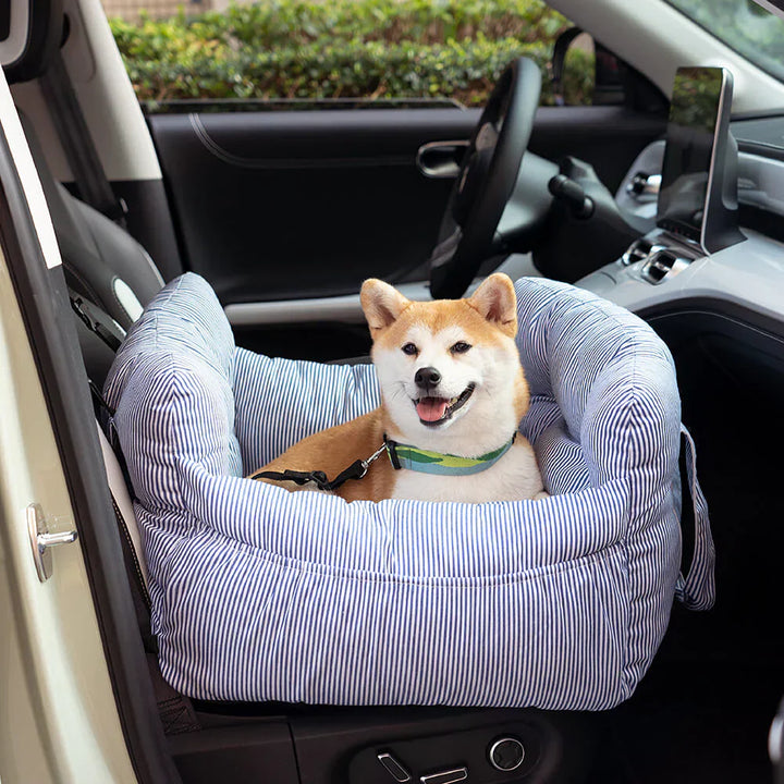 Plush dog car seat with secure straps, gray fabric, for small to medium pets.