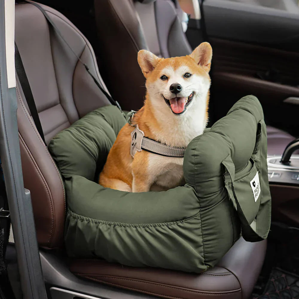 Dog car seat bed, plush and deep, providing excellent pet comfort and safety.