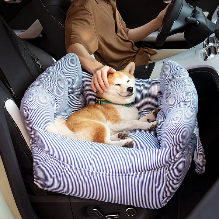 Dog car seat luxury travel bed, elevated for view, seatbelt attachment, comfy.