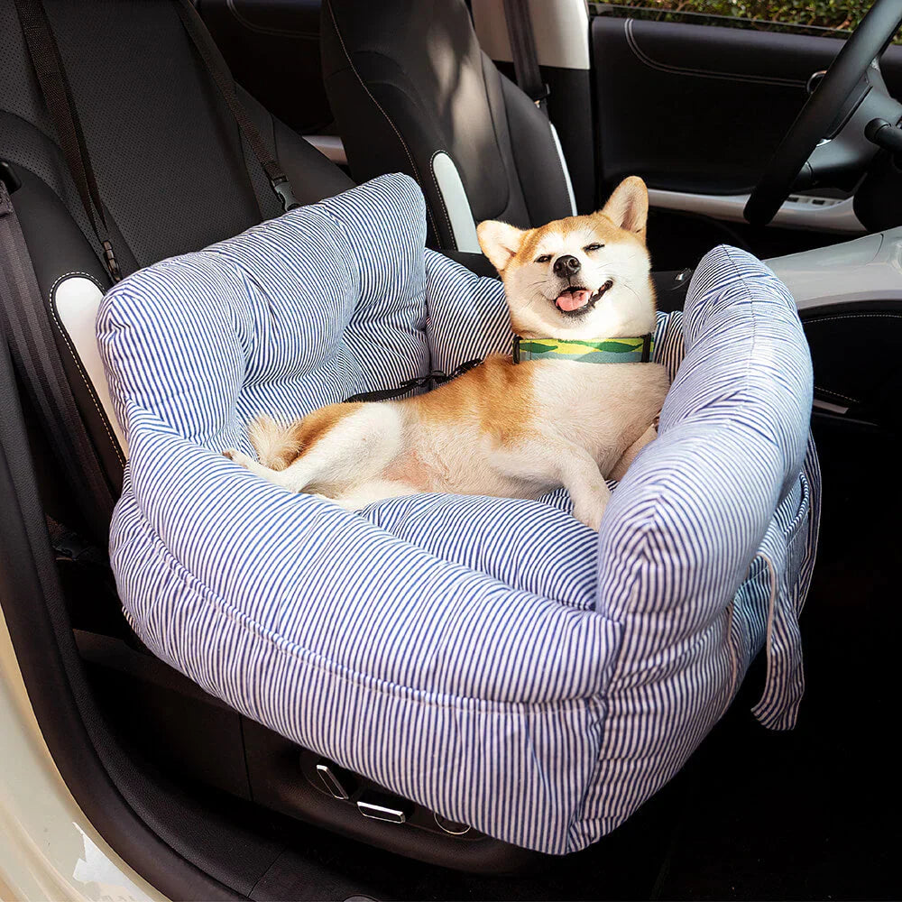 Pet car seat booster, comfortable padded design, safety leash included, road trips.