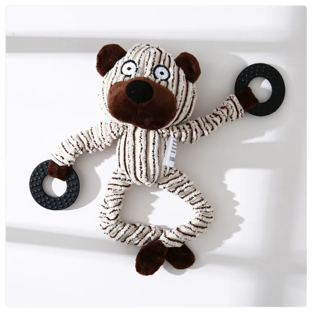Interactive dog toy: plush animal with strong rope, ideal for tugging and chewing.