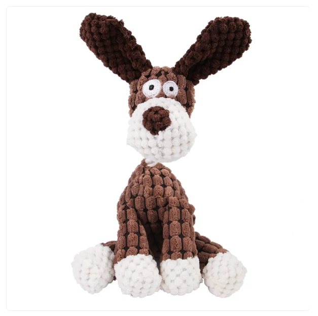 Pet supplies: dog chew toy, plush character with rope, promoting dental enrichment.