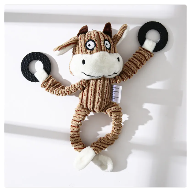 Cute plush dog toy with rope handle, an engaging pet supply for active dogs.