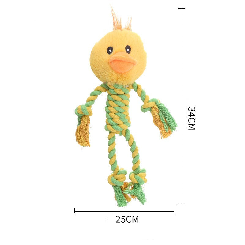Close-up of durable plush dog chew toy, squeaker visible, great for pet dental care