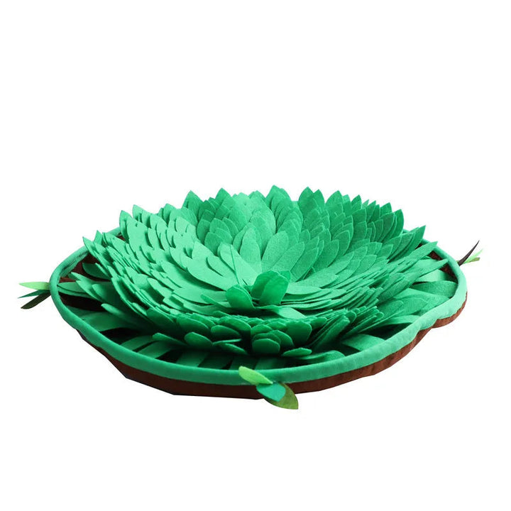 Plush dog snuffle mat for slow feeding, featuring multiple hiding spots for pet enrichment and mental stimulation.