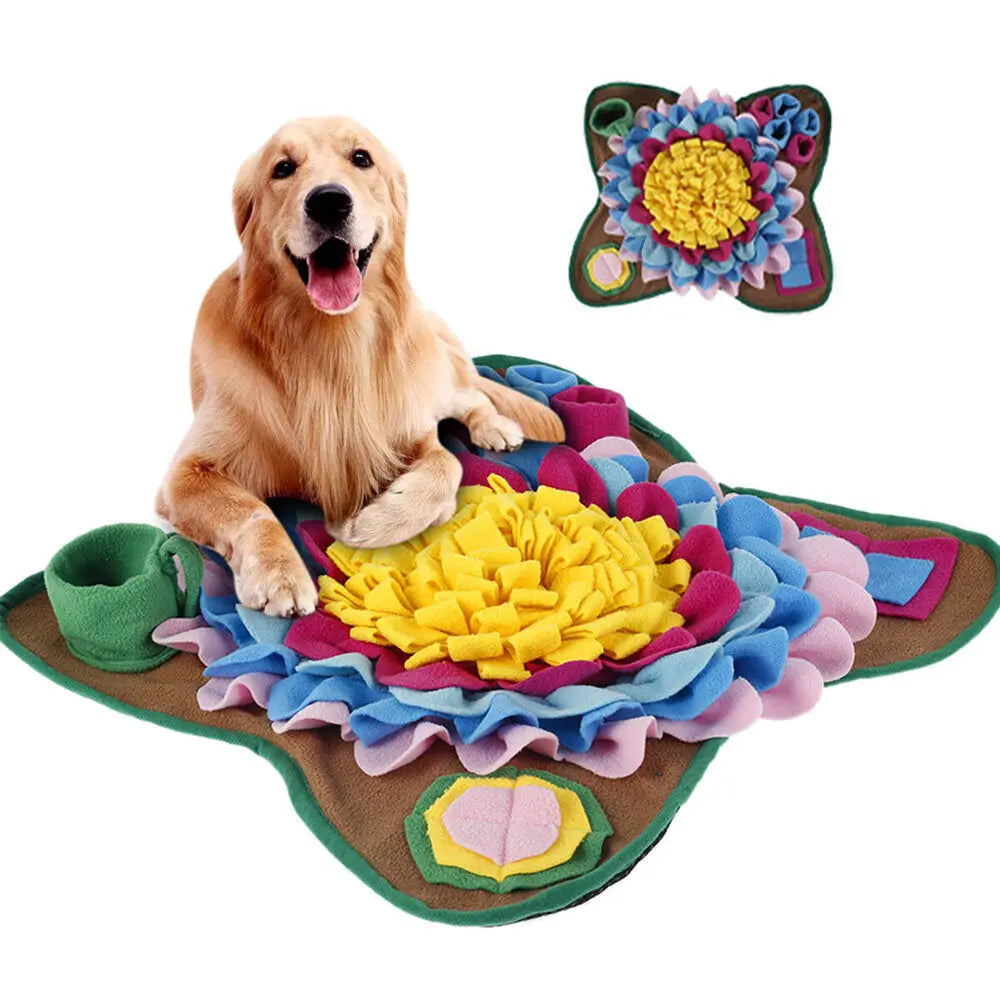 Close-up of an interactive plush dog snuffle mat, showcasing its intricate design for slow feeding and mental stimulation.