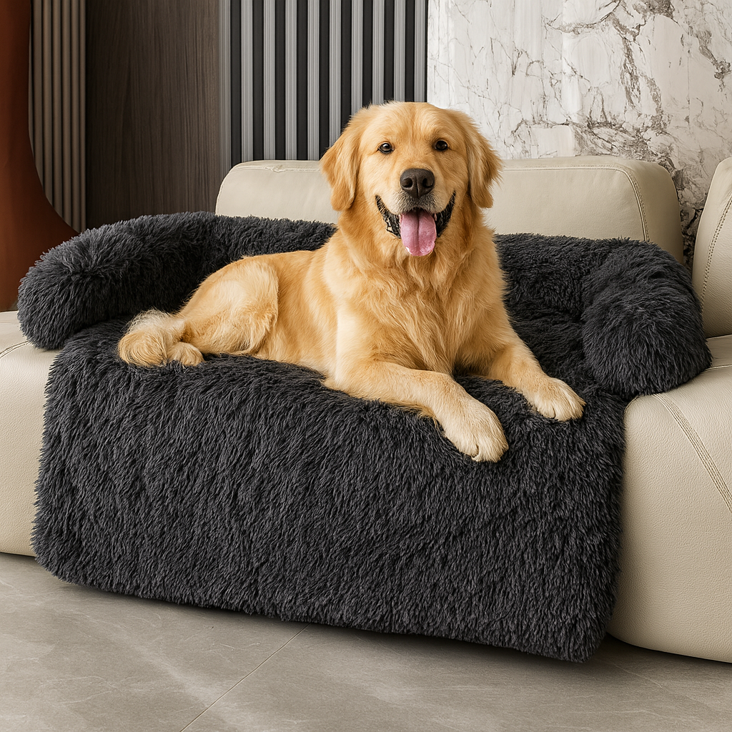 Plush dog sofa bed with soft faux fur and supportive bolster for ultimate pet comfort