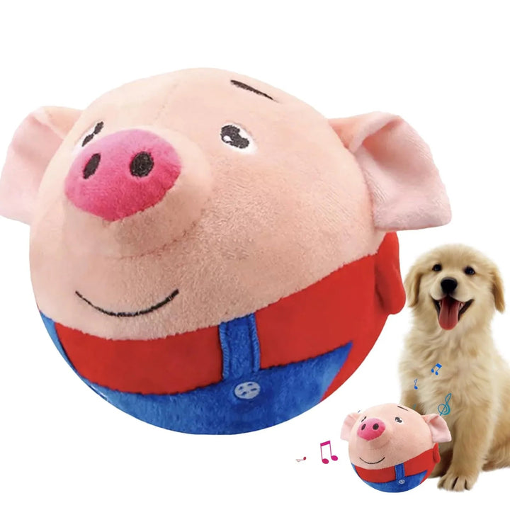Plush dog toy, interactive, bouncing action, with sound, in an animal shape for pets.