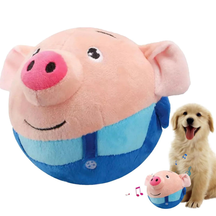 Interactive pet toy, plush animal design, bouncing action and sound for active dogs & cats.