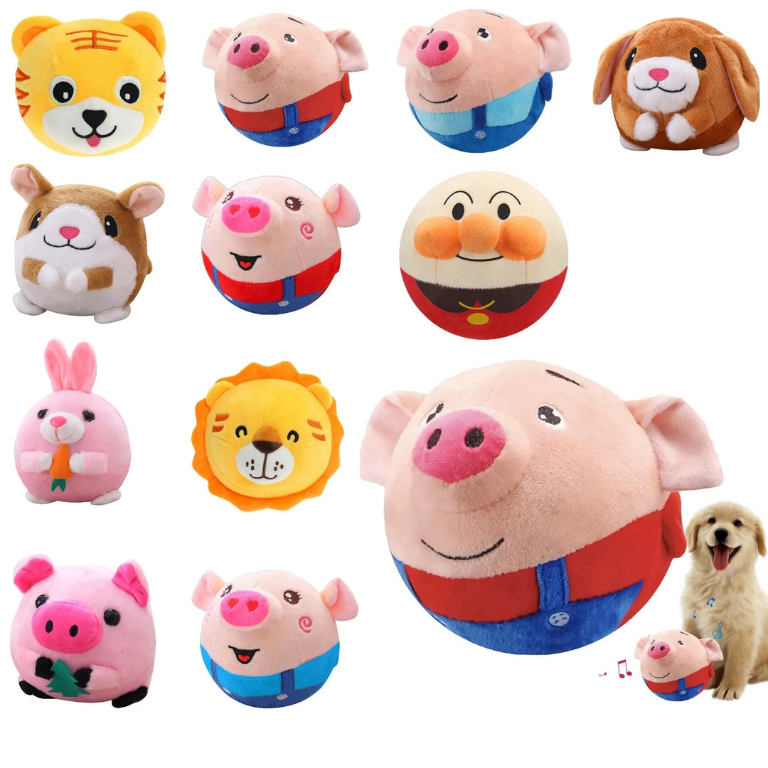 Interactive plush pet toy with bouncing action & sound, featuring a cute animal design, washable.