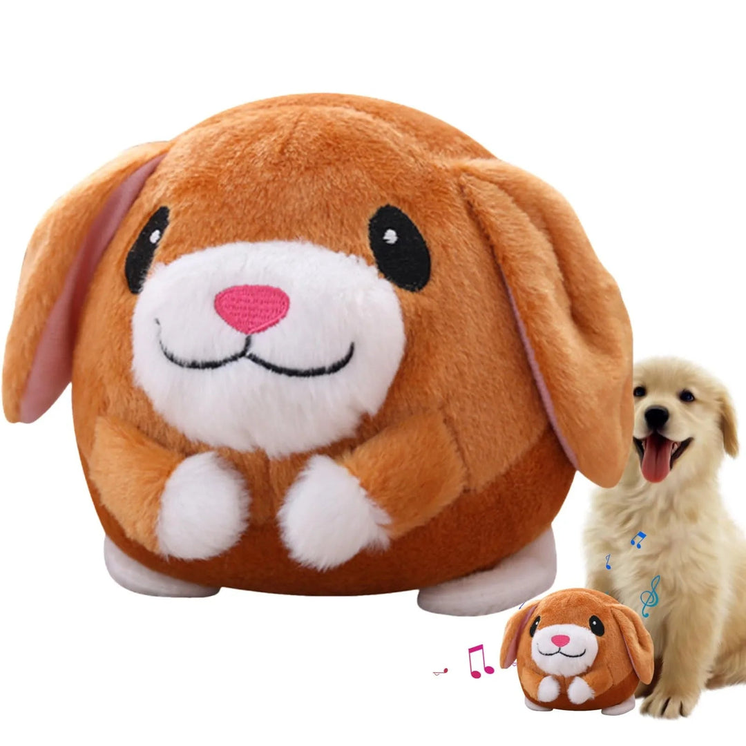 Pet toy, plush and interactive, offering bouncing action & sound for playful dogs and cats.