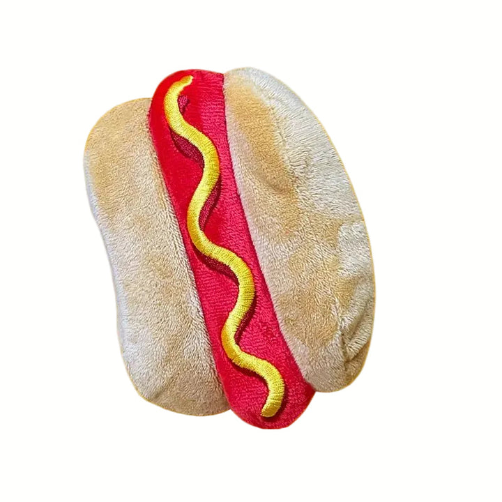 Adorable cheeseburger plush dog toy, featuring a hidden squeaker for amusement