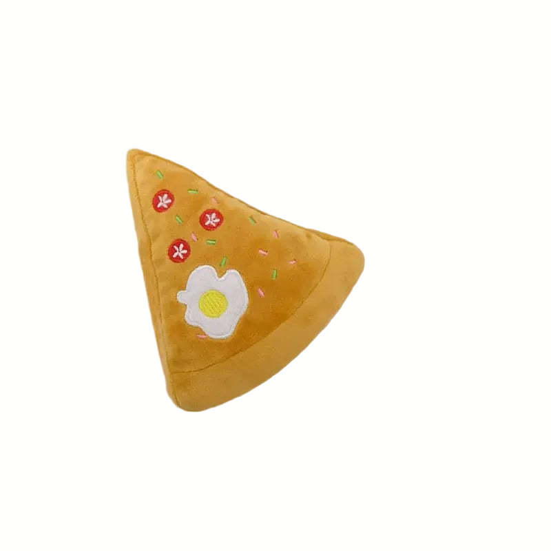 Collection of fast food themed squeaky plush toys for pets, promoting active play
