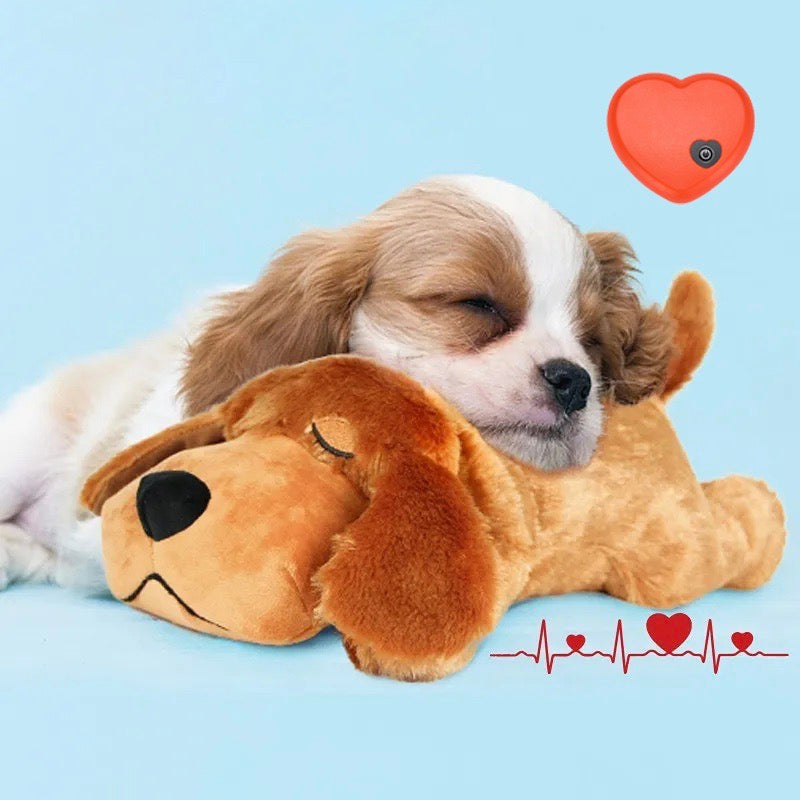 Plush dog toy with realistic heartbeat for anxiety relief, comforting small dogs