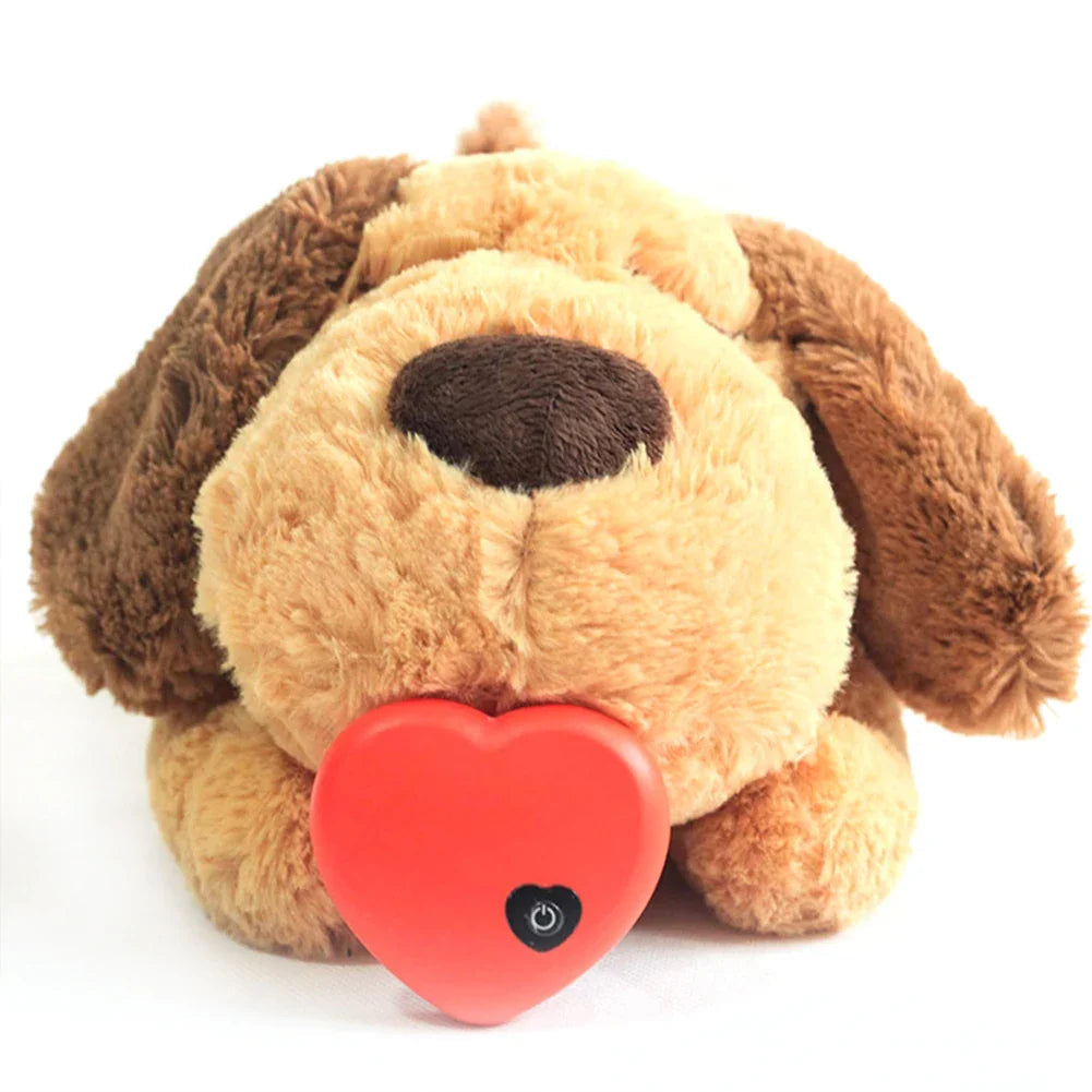 Close-up of a calming plush dog toy, showcasing its soft fleece texture