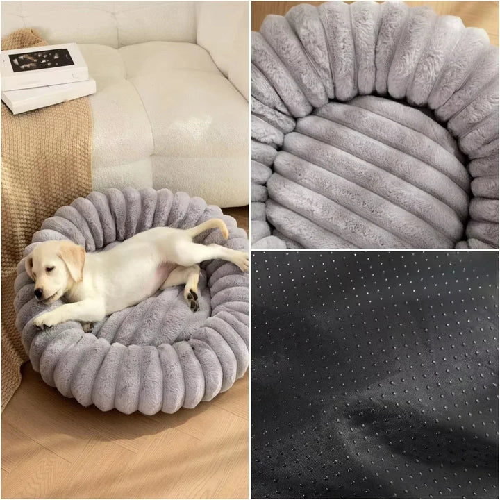 Small plush calming dog bed, machine washable, in a light gray color for ultimate pet comfort.