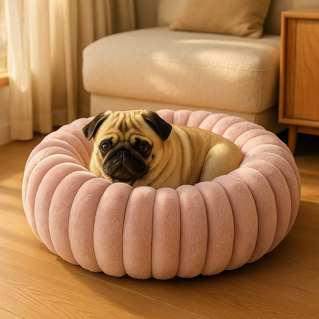 Pet supplies: Cream-colored plush donut bed, a calming retreat for small to medium dogs.