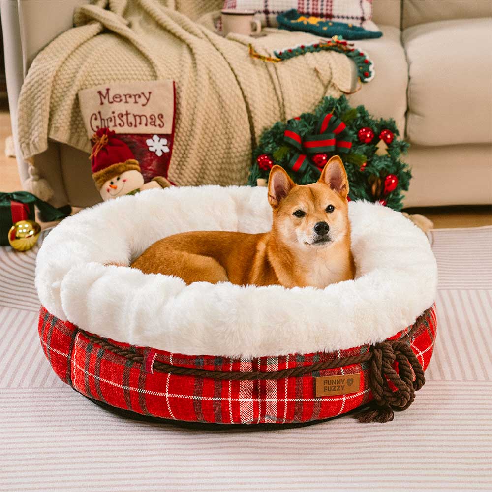 Soft plush donut dog bed, washable cover, designed for cozy pet sleep.