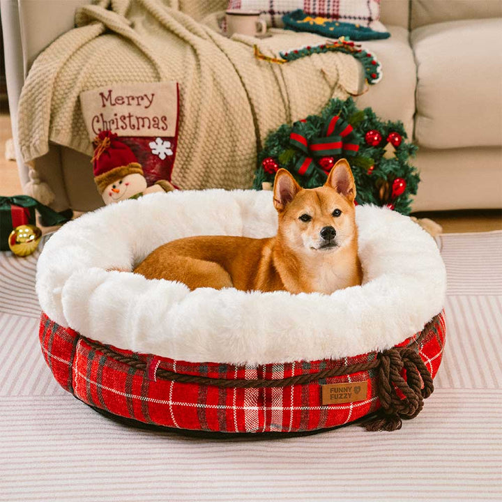 Soft plush donut dog bed, washable cover, designed for cozy pet sleep.