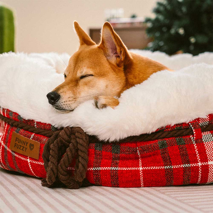 Non-slip donut dog bed, plush texture, in a neutral tone for small to medium pets.