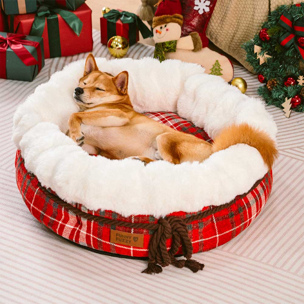 Cozy plush donut pet bed, jacquard weave, offering warmth and security.