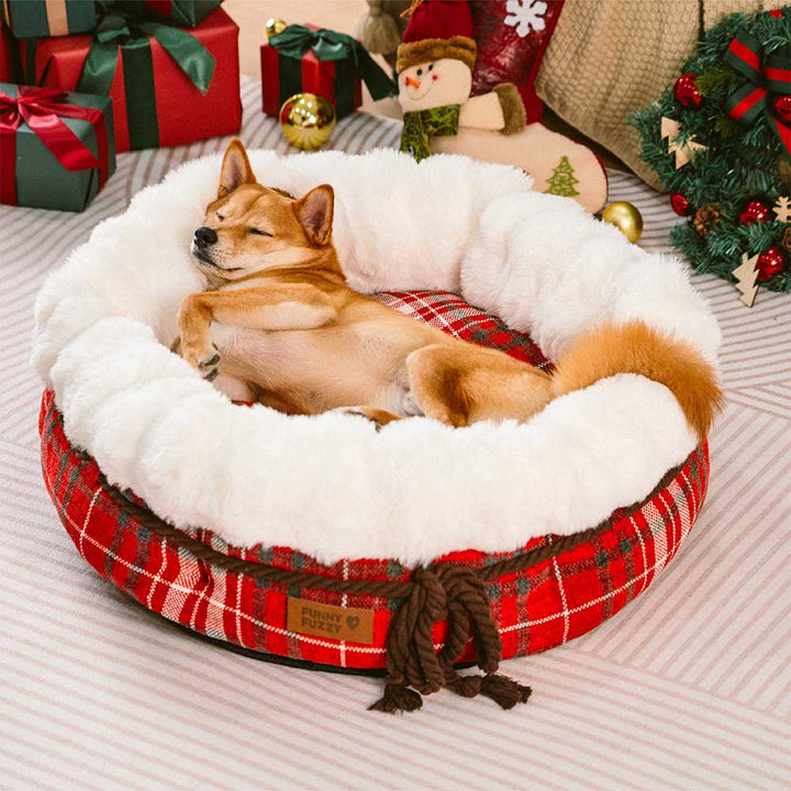 Cozy plush donut pet bed, jacquard weave, offering warmth and security.