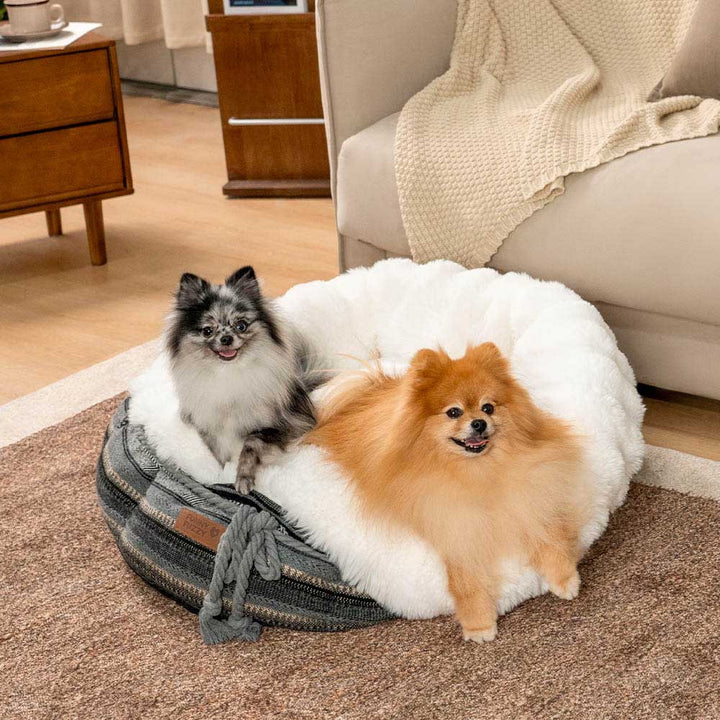 Medium pet bed, plush donut style, in a soft, washable fabric, non-slip.