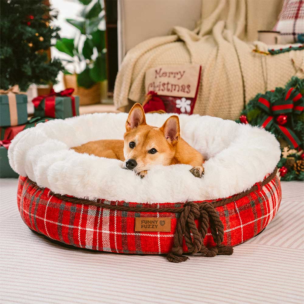 Round plush dog bed, donut comfort, perfect for small to medium canine companions.