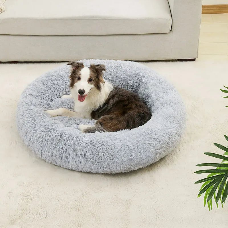 Calming donut dog bed, beige, made from super soft cotton for deep sleep