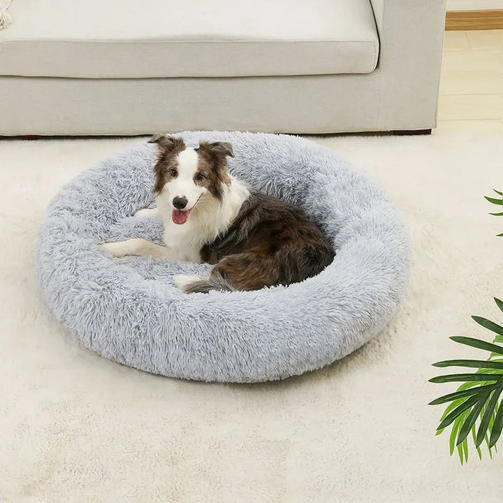 Calming donut dog bed, beige, made from super soft cotton for deep sleep