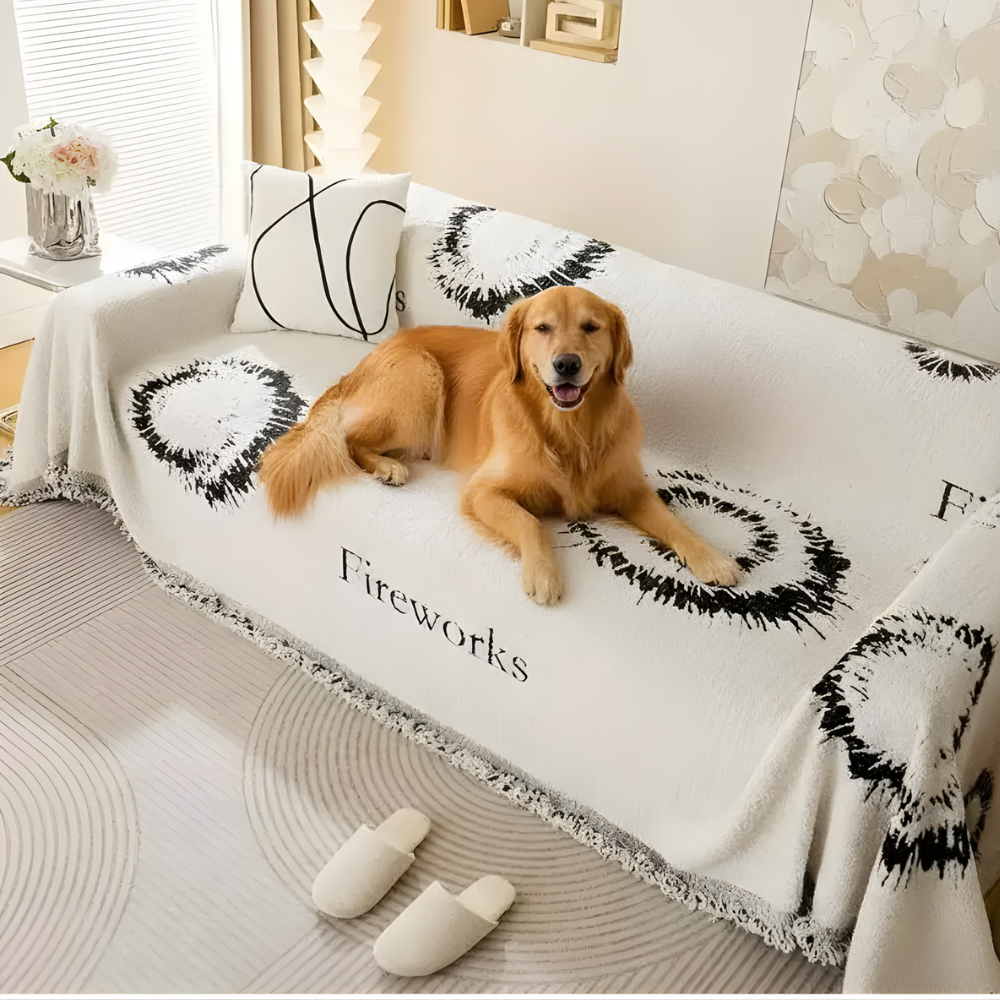 Plush double-sided sofa cover with vibrant fireworks pattern, pet-friendly and non-slip for living room