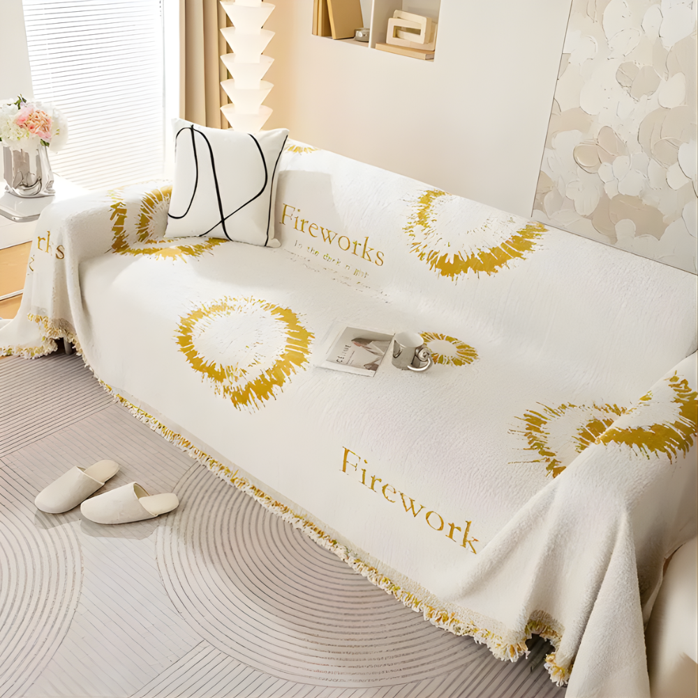 Soft double-sided plush sofa cover with colorful fireworks design, non-slip couch protector for home decor