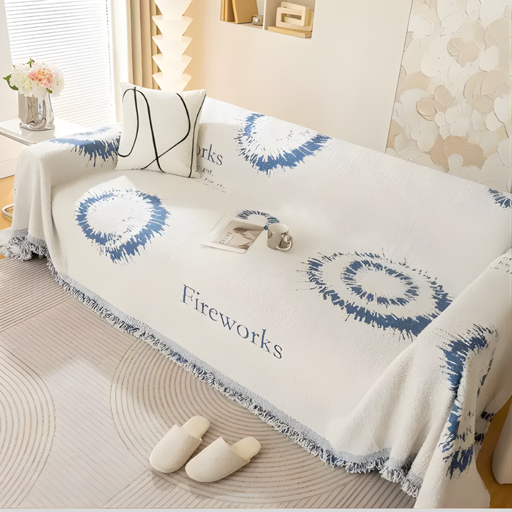 Pet-friendly plush sofa cover featuring a bright fireworks pattern, reversible yarn furniture shield