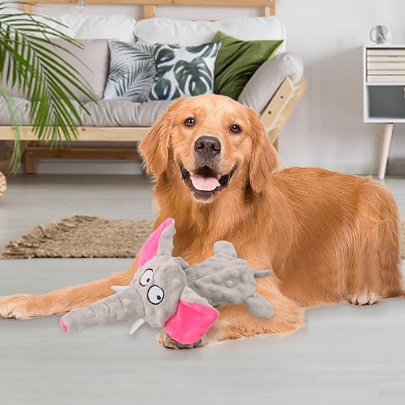 Cute elephant dog toy, soft plush, interactive features, perfect for canine mental stimulation.