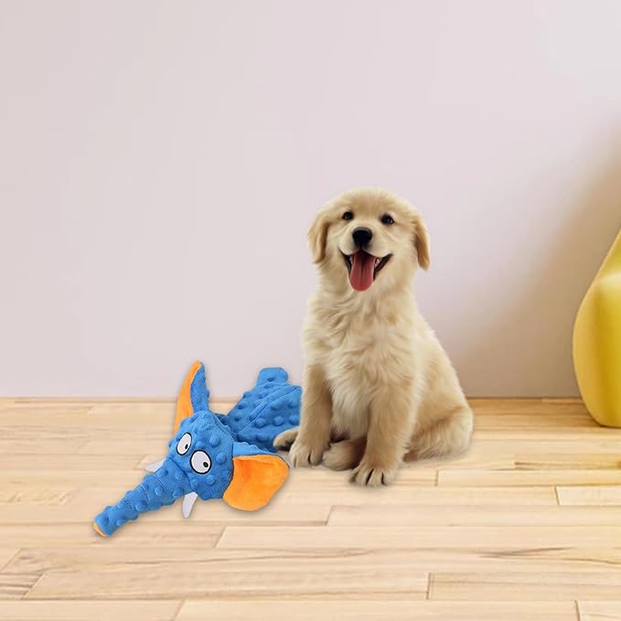 Plush elephant pet toy, durable and interactive, great for dog chewing and active playtime.