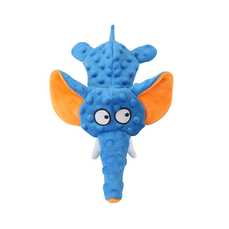 Squeaky elephant plush dog toy, interactive pet supply, supports mental stimulation and play.