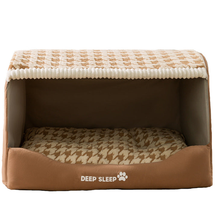 Enclosed plush dog house offering comfort and privacy, featuring a washable cushion