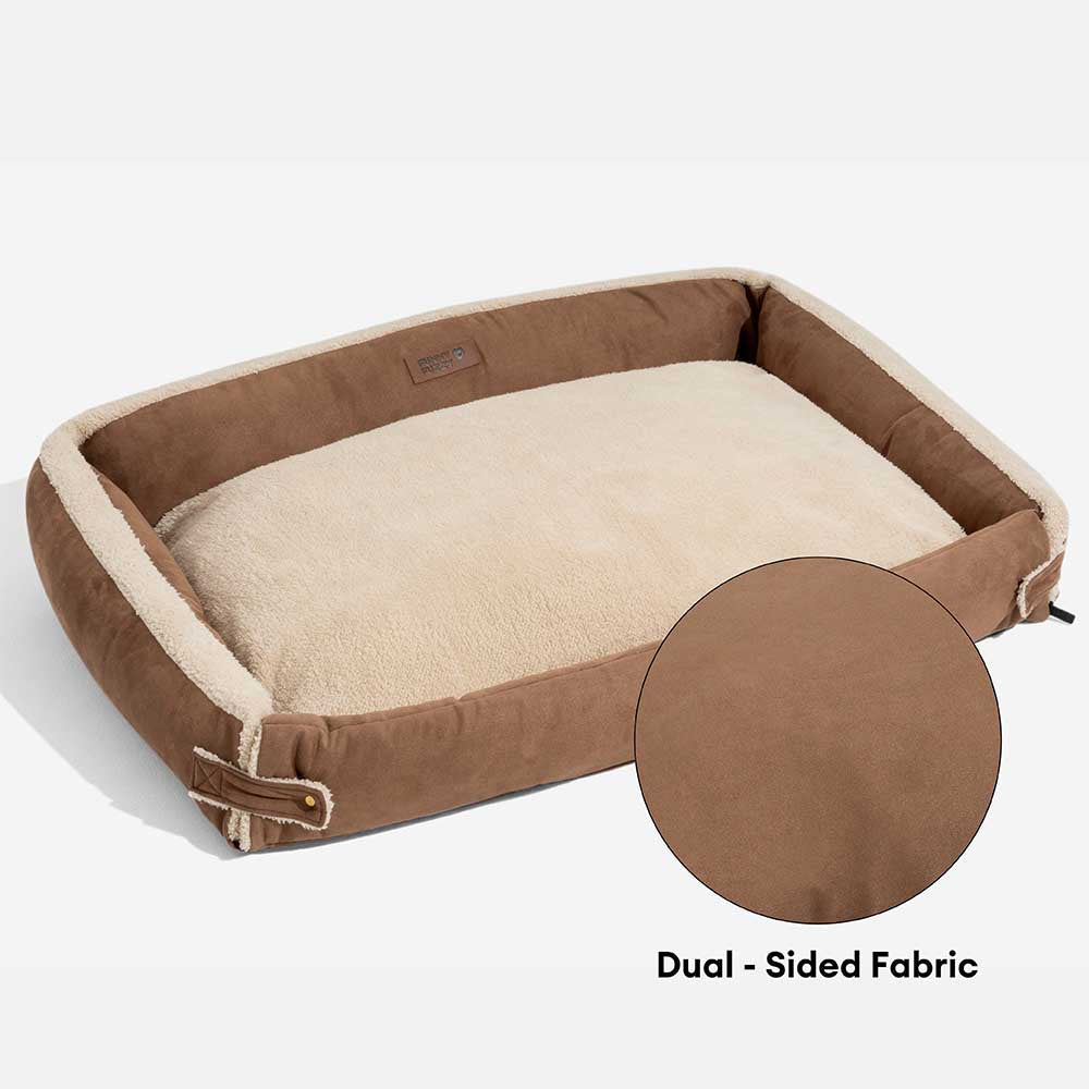 Close-up of the plush fabric on the ergonomic dog bed for pet comfort